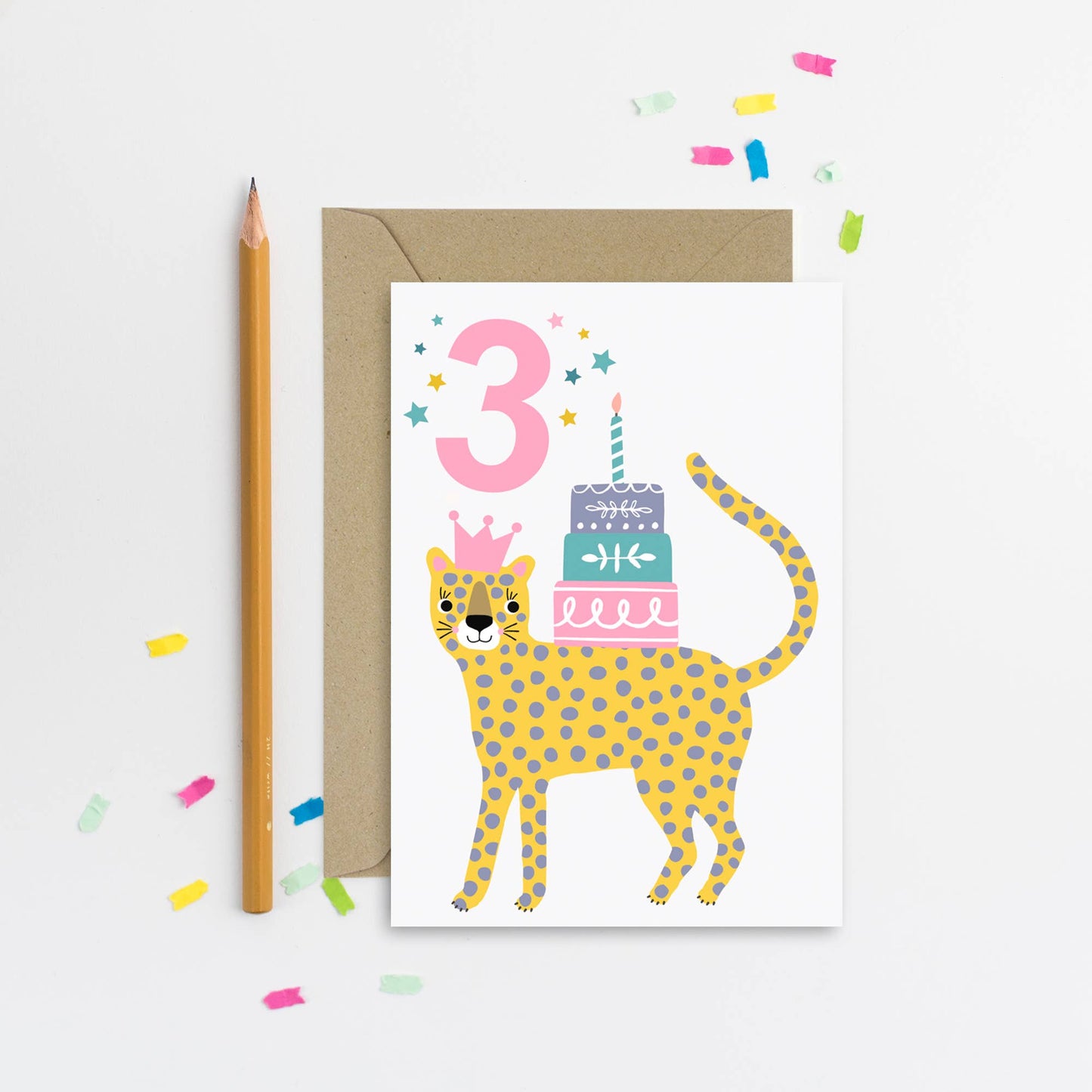 A pastel leopard-themed birthday card for age 3, featuring a yellow leopard with purple spots and a pink number 3.