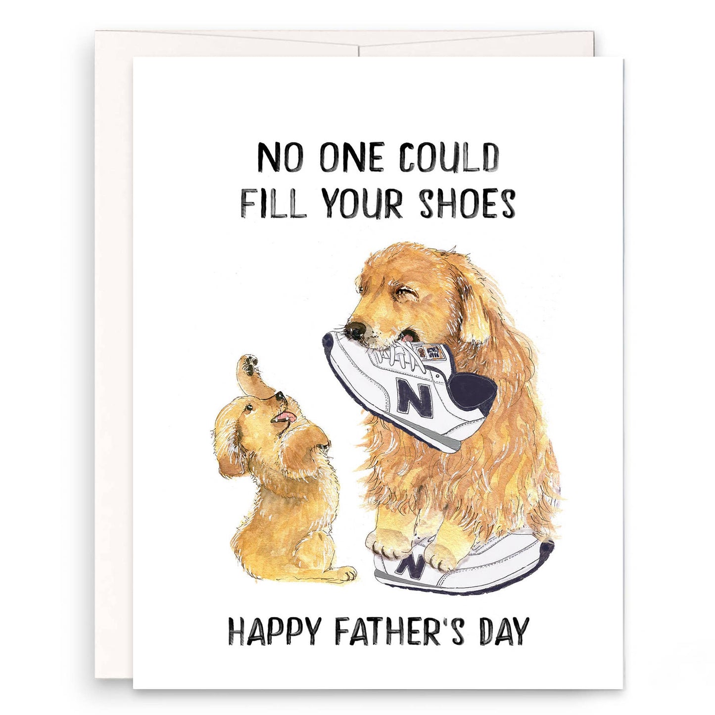 Illustrated Father's Day card with a golden retriever and puppy holding sneakers