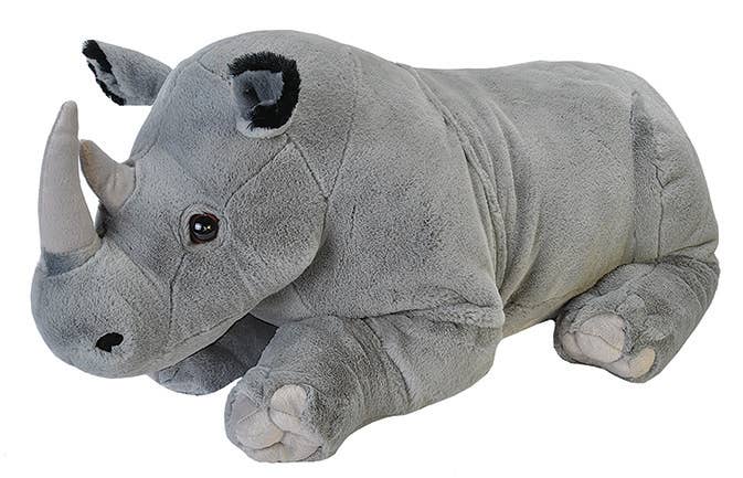 Large gray plush rhino with soft details and lifelike features