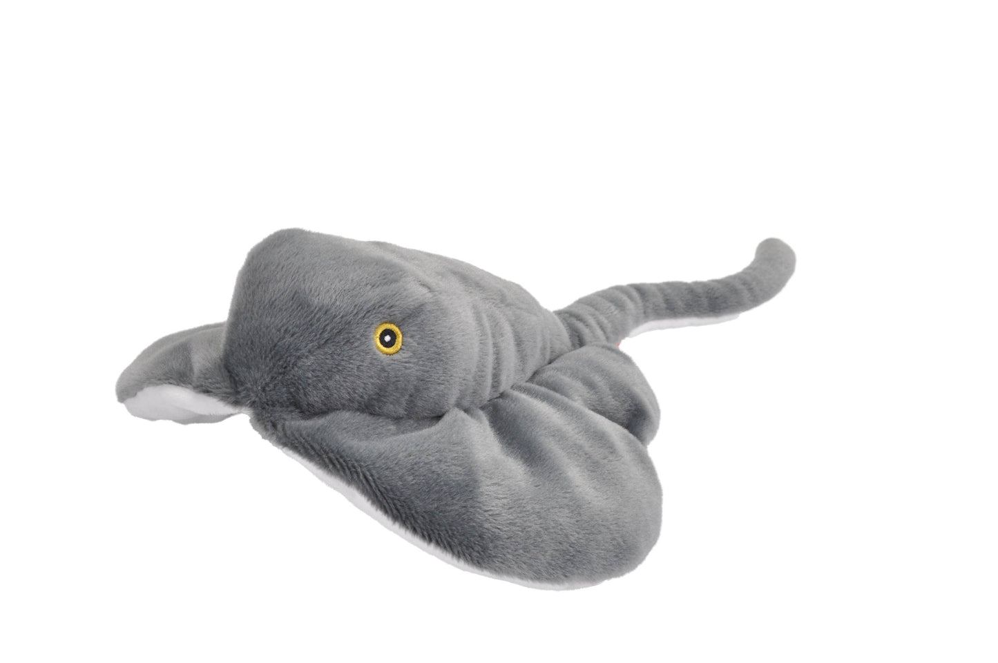 Gray plush stingray stuffed animal with soft texture and long tail