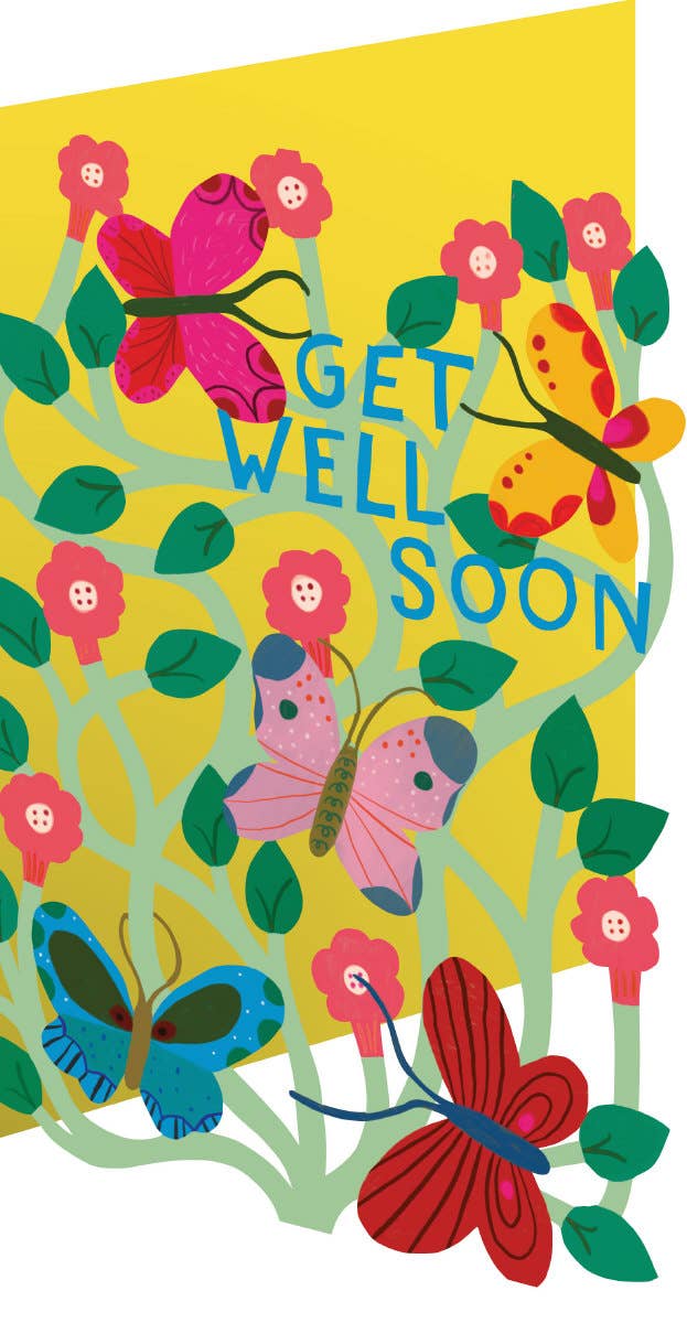 Colorful lasercut get well card with butterflies and flowers on a yellow background