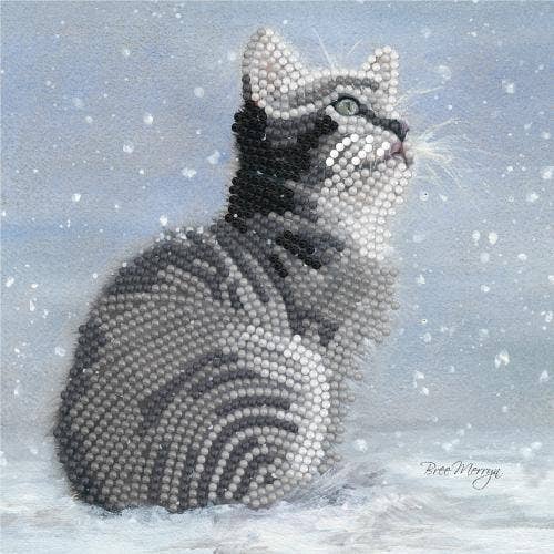 Diamond art Christmas card kit featuring a tabby cat in the snow