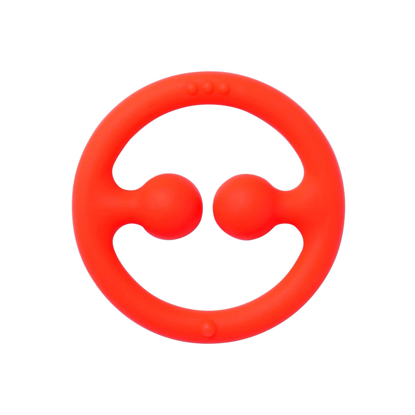 Bright red silicone teething ring with a circular shape and two soft, rounded knobs for gentle relief.