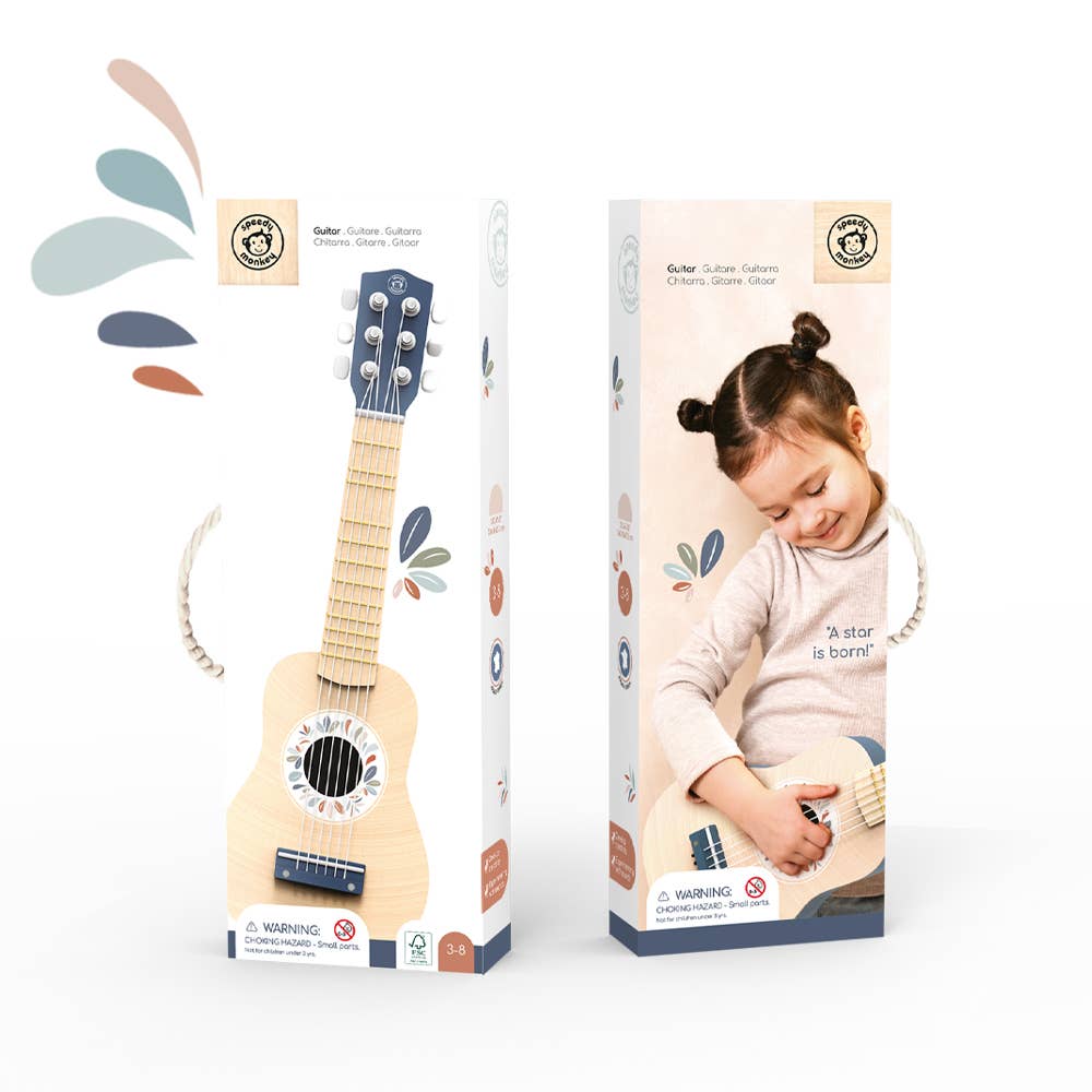 A wooden toy guitar with nylon strings, featuring a blue and natural design, perfect for kids.