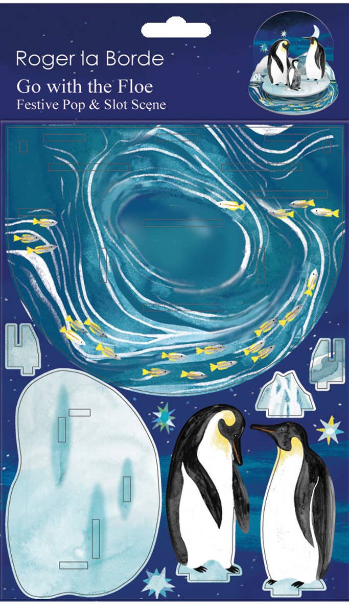 A festive pop & slot scene featuring penguins, icebergs, and fish in a swirling blue ocean design.