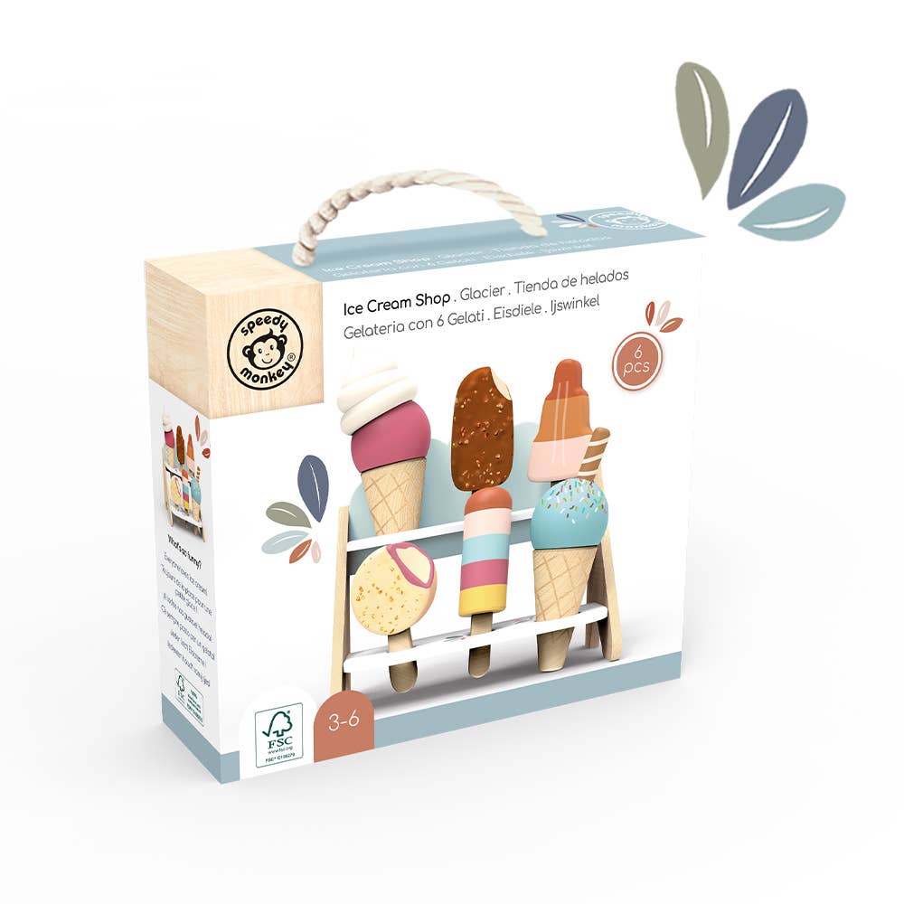 Wooden ice cream shop toy with multicolor cones and popsicles, perfect for creative play.