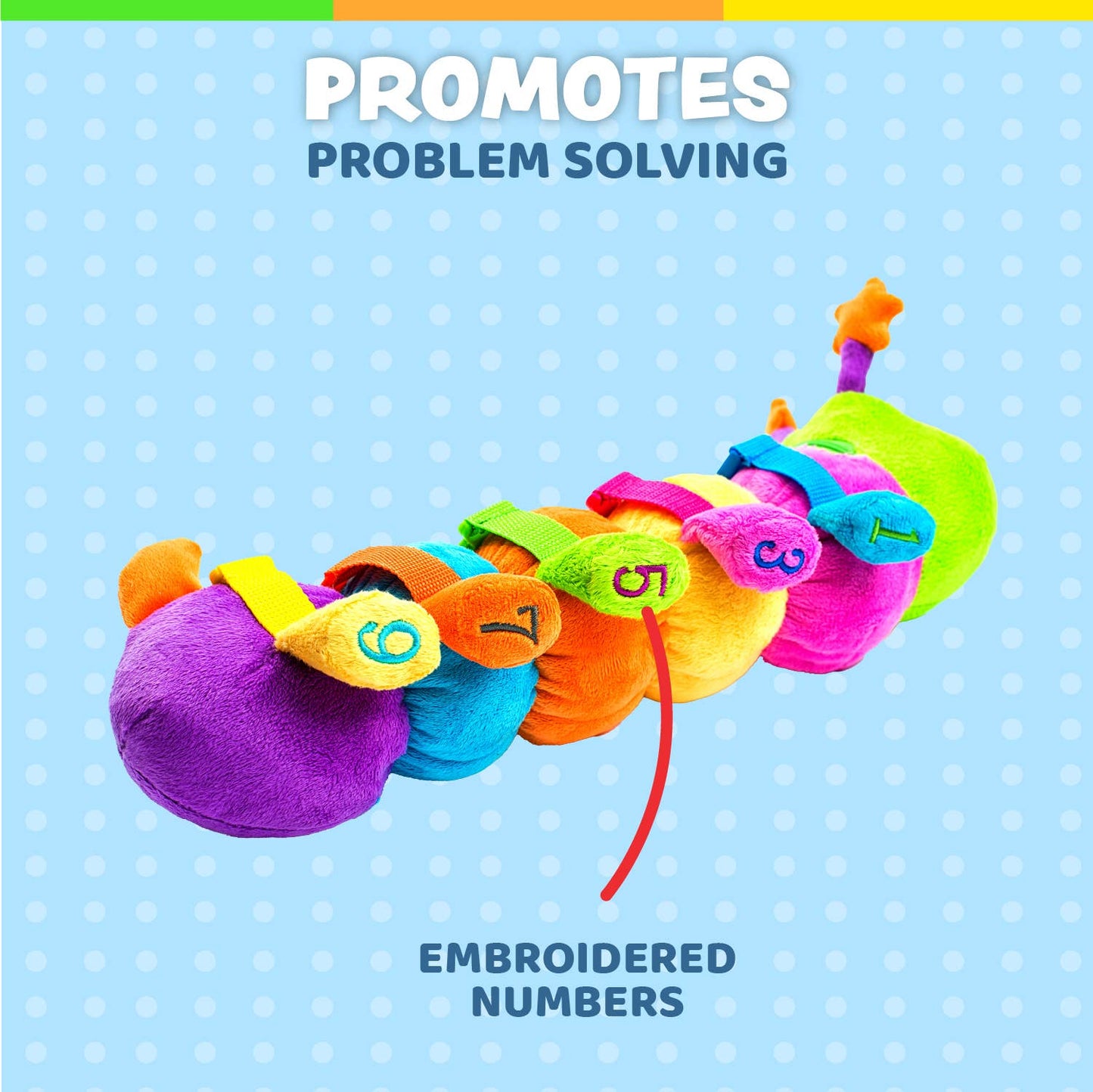 Colorful plush caterpillar toy with buckles and embroidered numbers, perfect for fine motor skills and color matching.