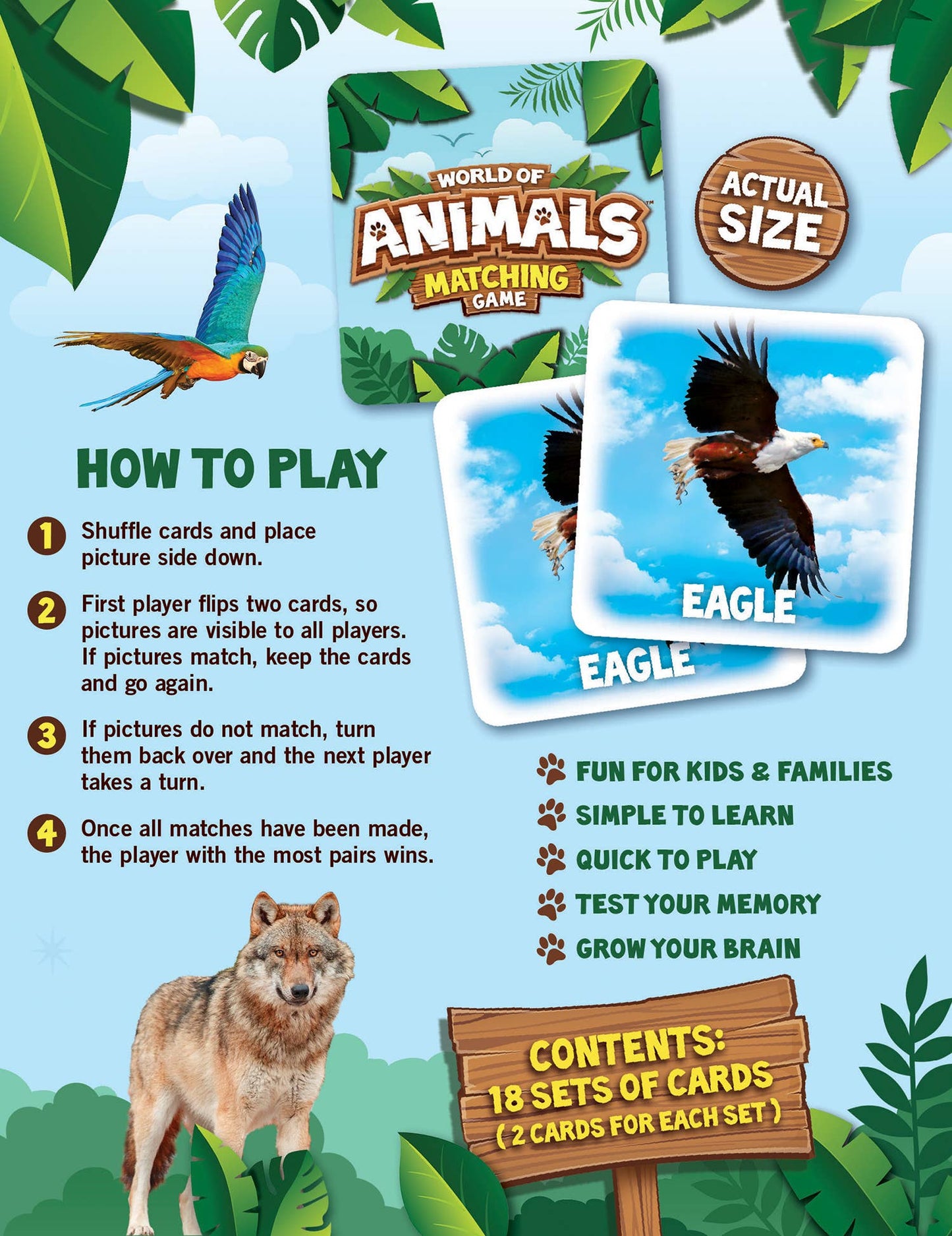 Animal matching game cards featuring colorful animal images and simple instructions for kids to play and learn.