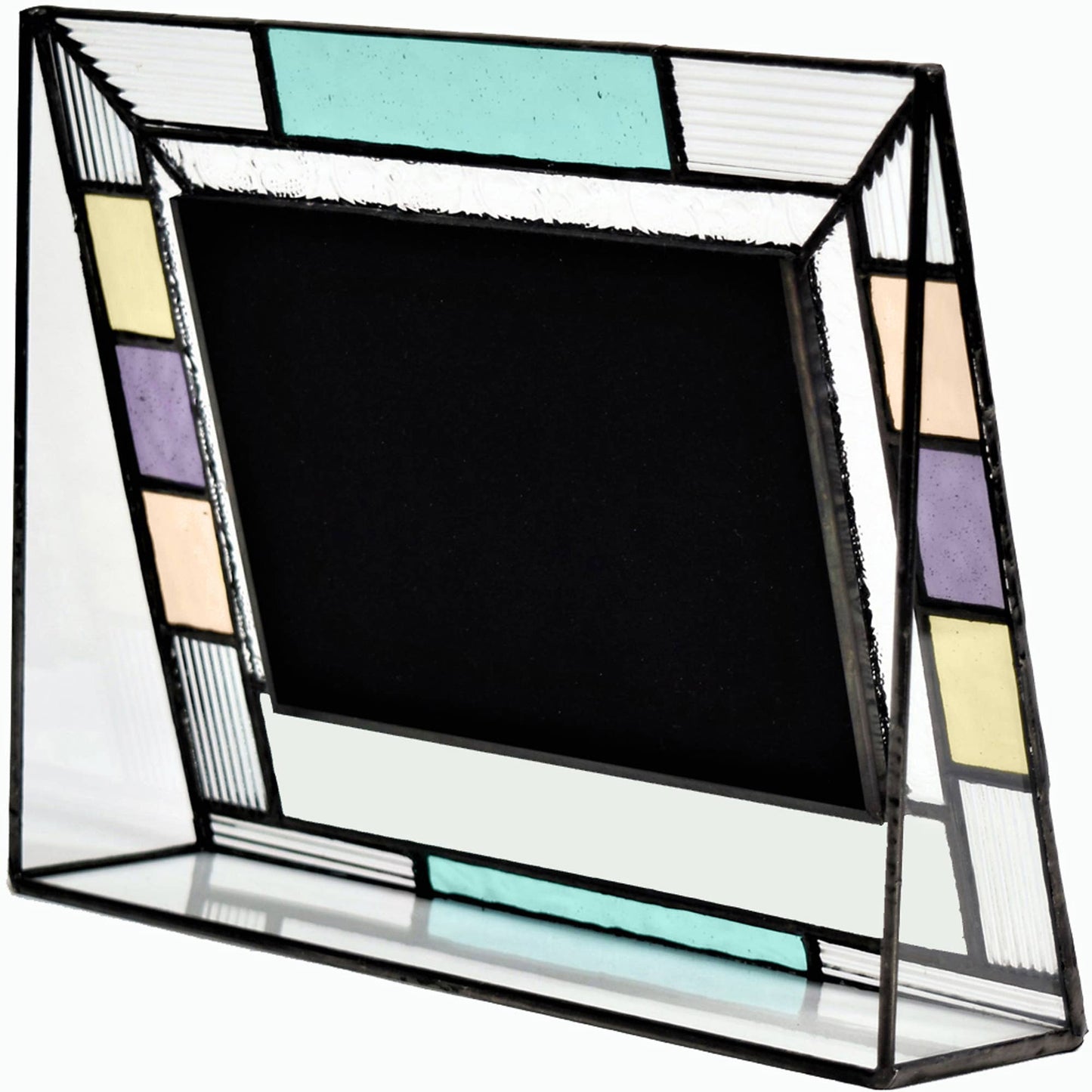A stained glass photo frame with colorful geometric patterns and a black interior.