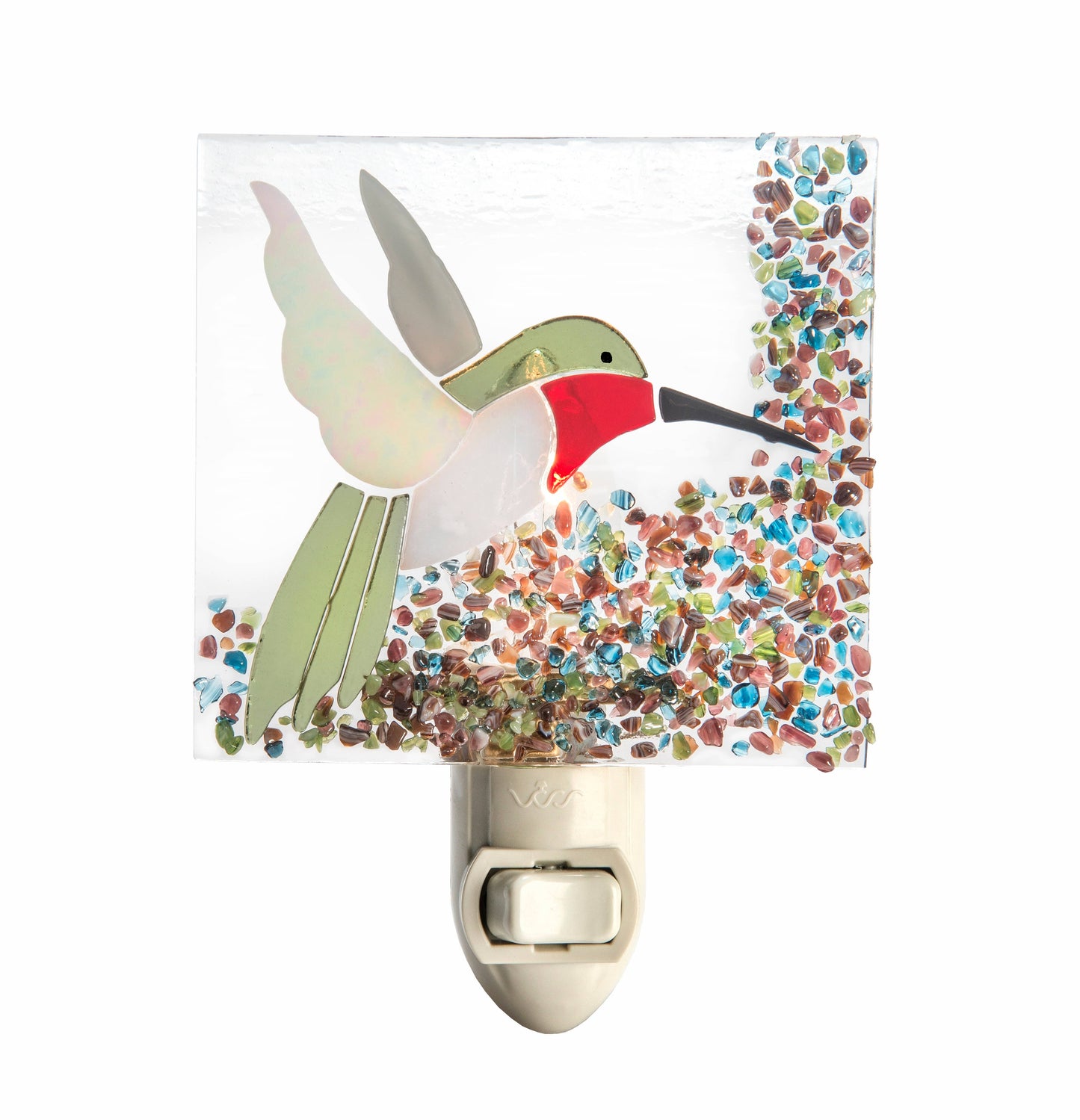 Fused glass night light featuring a colorful hummingbird design with vibrant multicolor mosaic details.