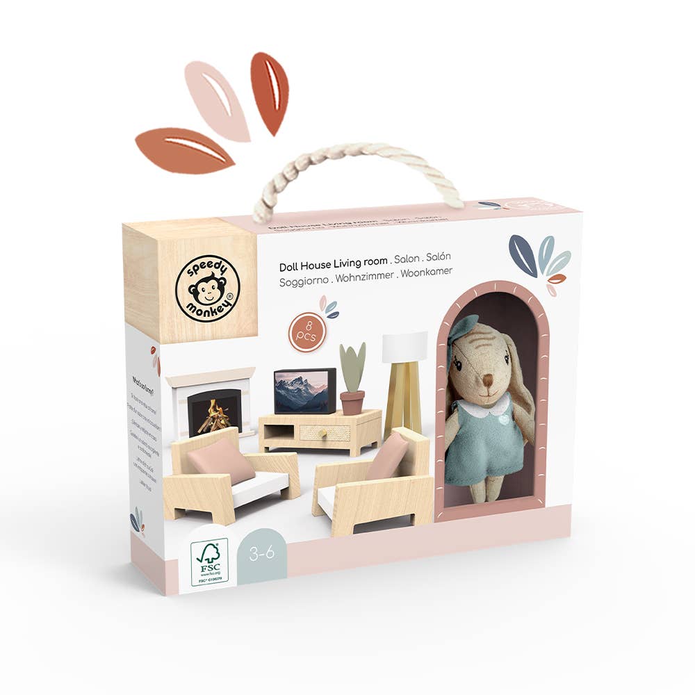 Wooden dollhouse living room set with multicolor furniture and a plush character, perfect for imaginative play.