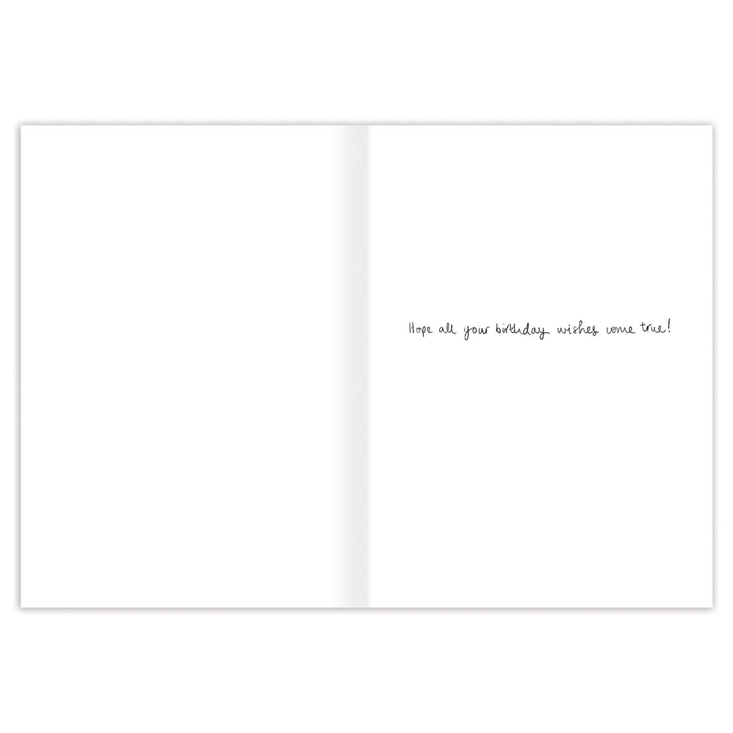 A white birthday card with a simple message inside: "Hope all your birthday wishes come true!"