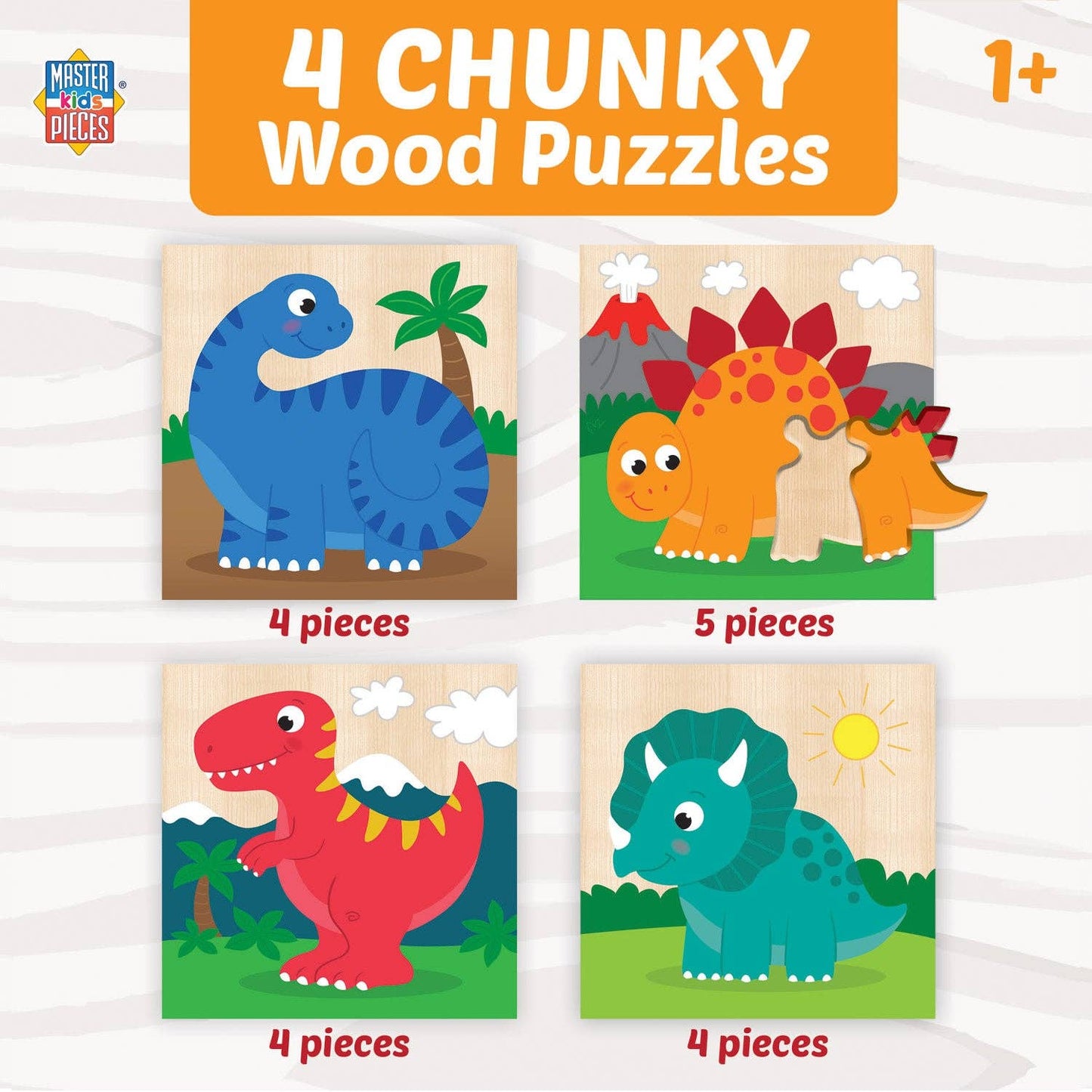 Four chunky wooden dinosaur puzzles for kids, featuring colorful designs and varying piece counts.