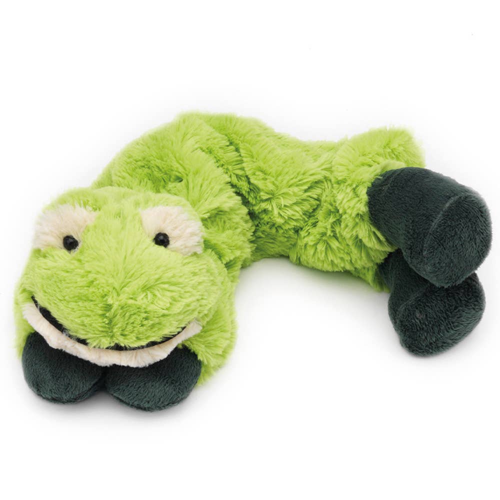 Soft green plush frog neck wrap with dark green feet and smiling face