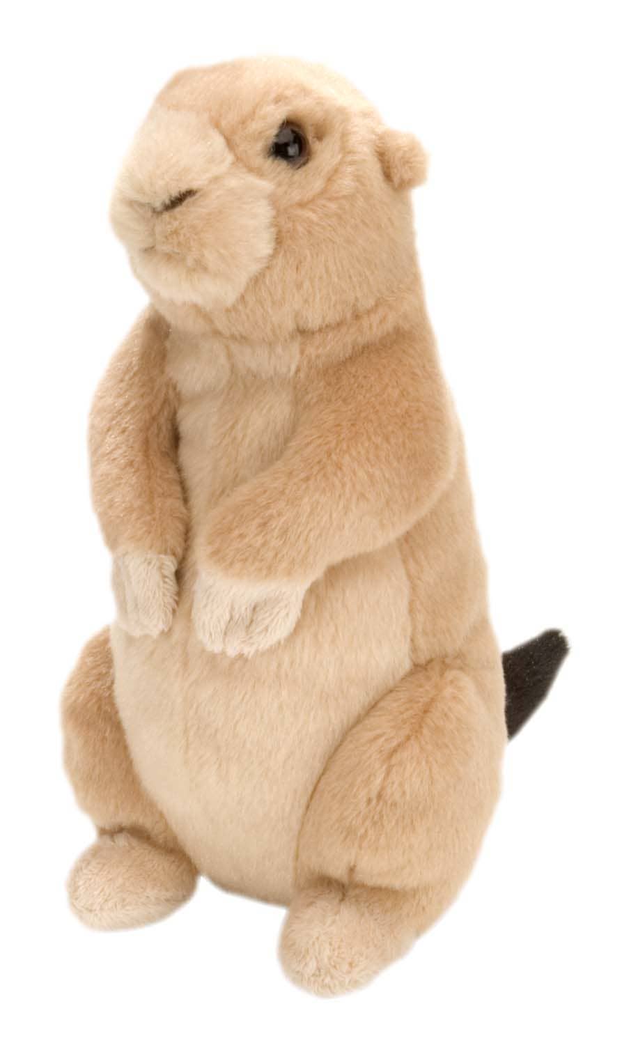 Plush prairie dog toy sitting upright with soft tan fur and black tail