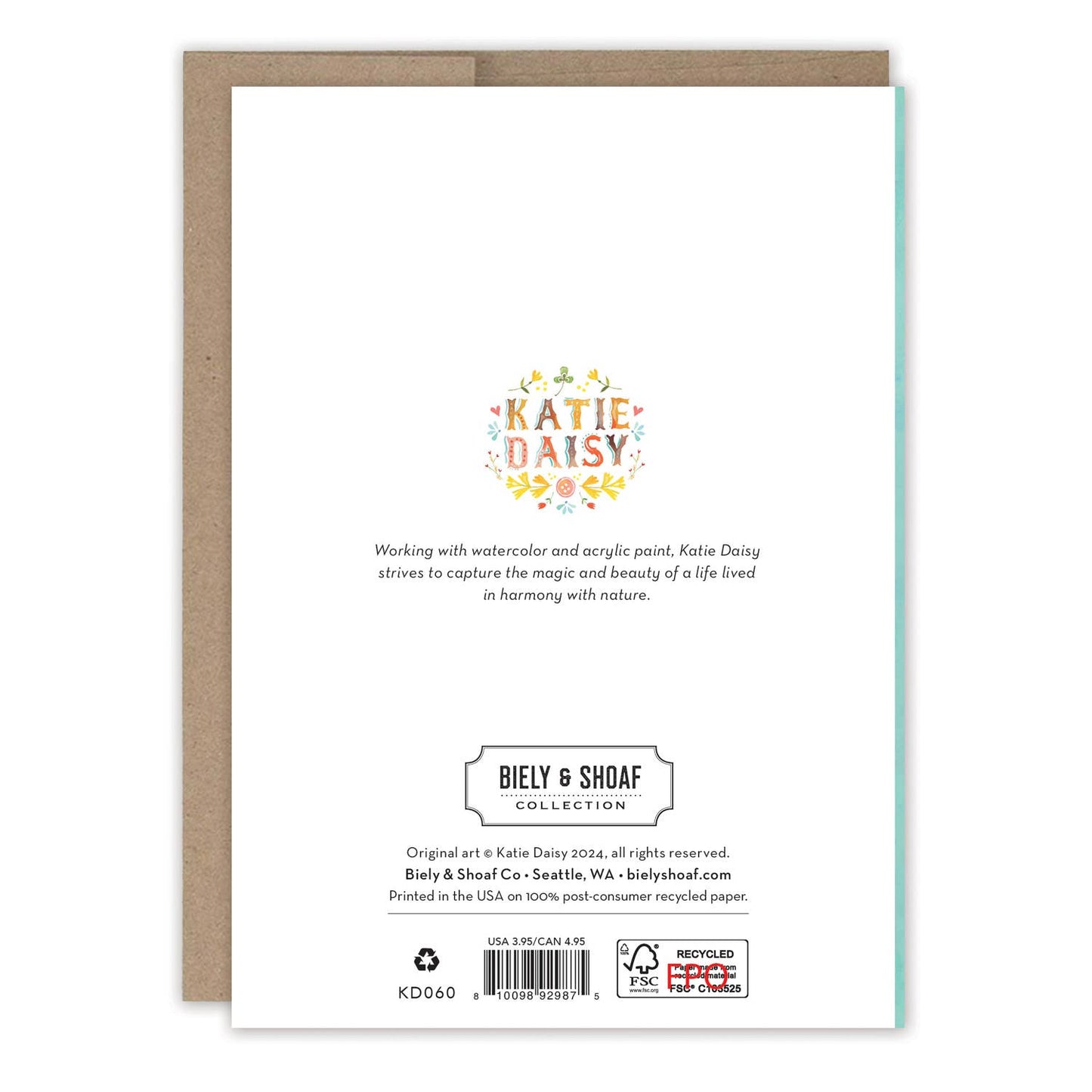A6-sized birthday card with a nature adventure theme, featuring colorful watercolor art and a recycled paper envelope.