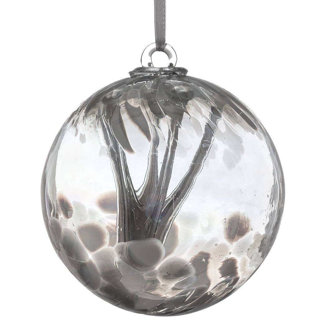 Clear and silver glass spirit ball with swirling pastel design and hanging ribbon