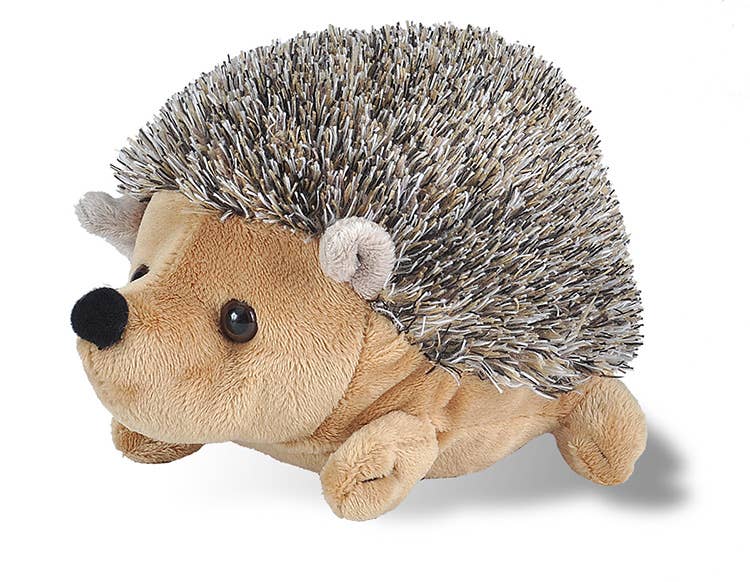 Plush mini hedgehog toy with soft brown fur and textured spines
