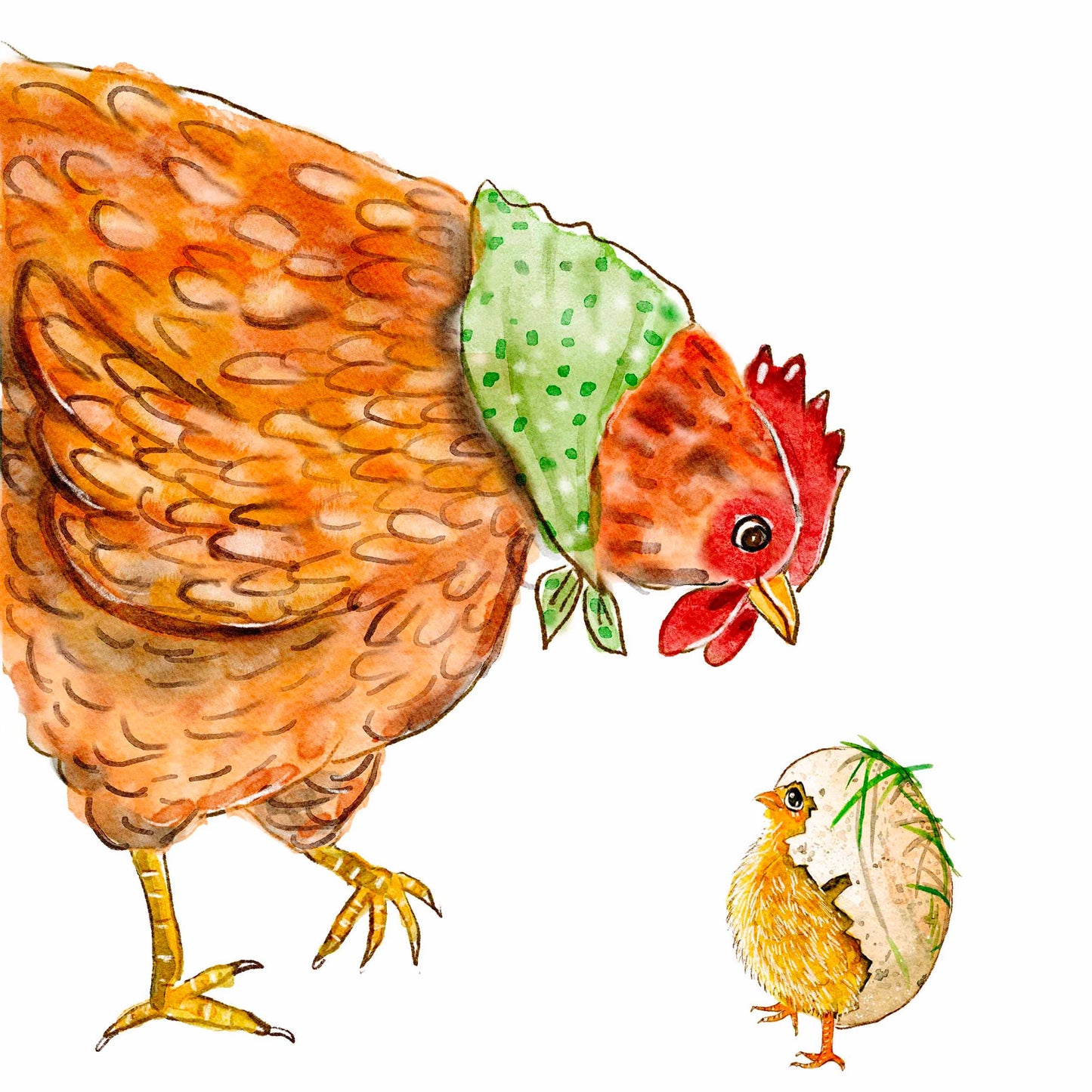 A charming watercolor card featuring a brown chicken with a green scarf and a yellow chick hatching from an egg.