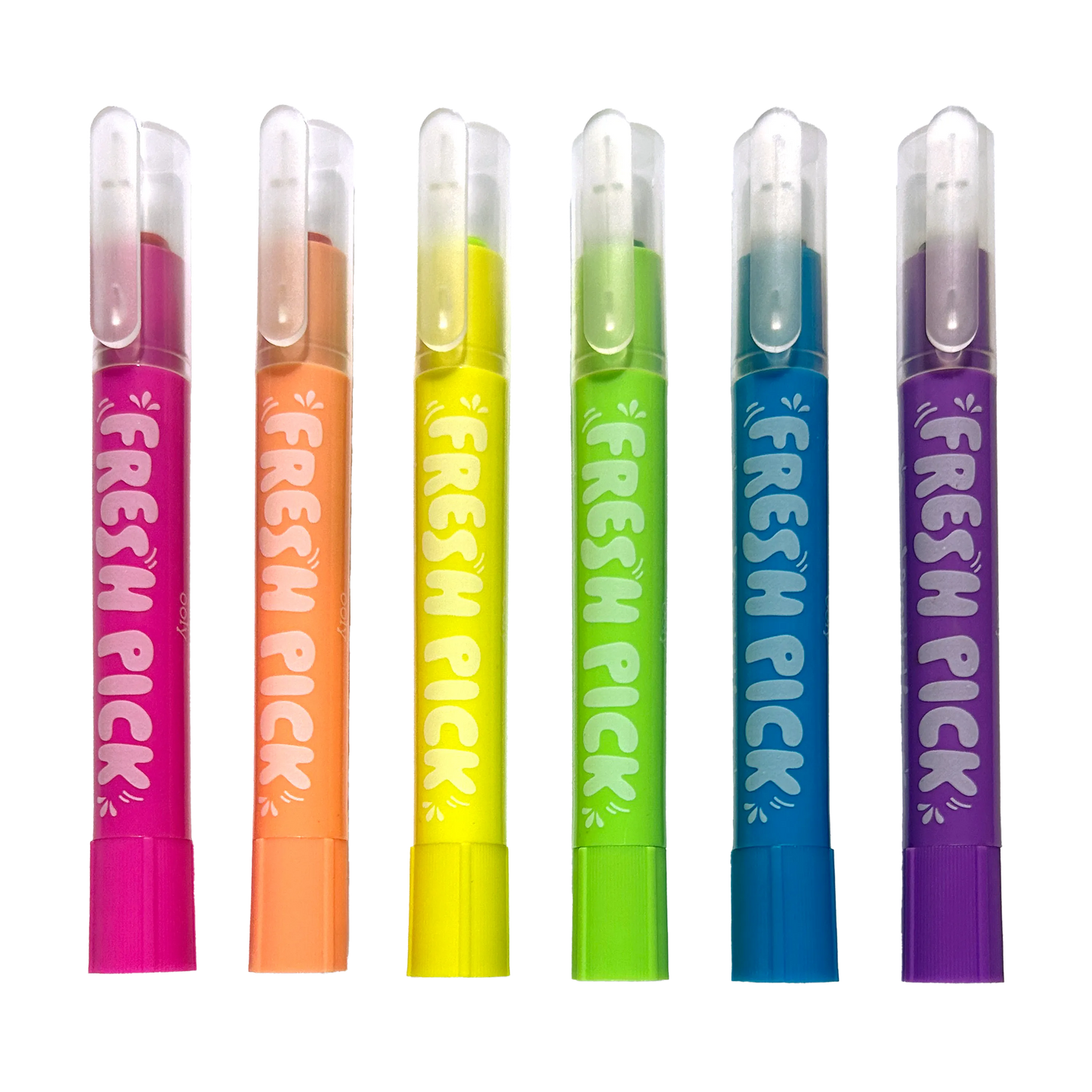 Six vibrant neon gel crayons in pink, orange, yellow, green, blue, and purple with "Fresh Pick" text.