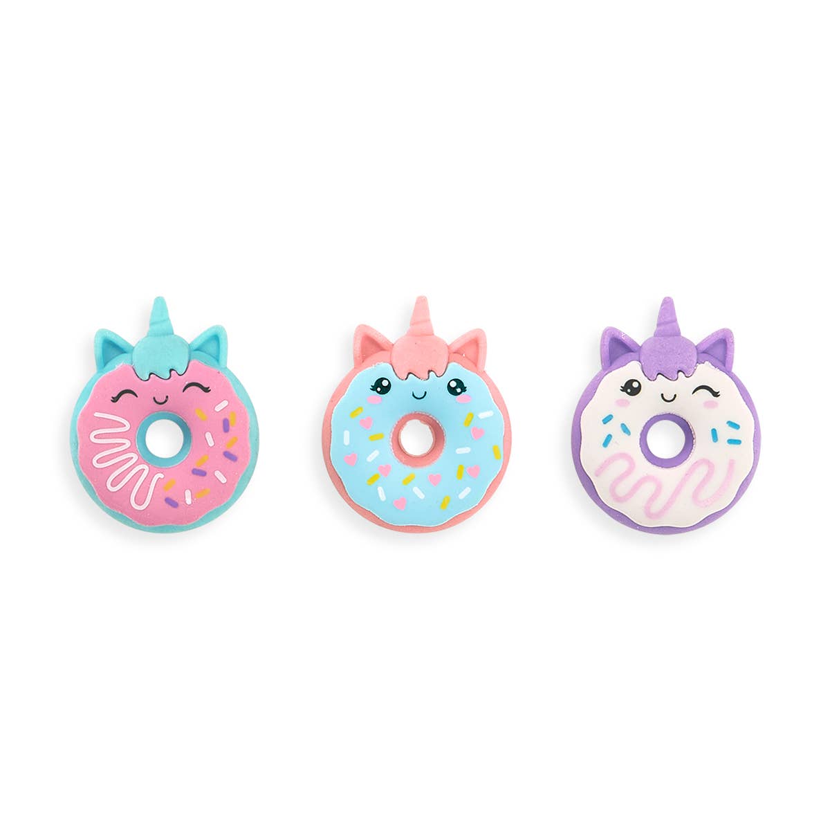 Cute unicorn donut-shaped erasers in pink, blue, and purple with sprinkles and vanilla scent.