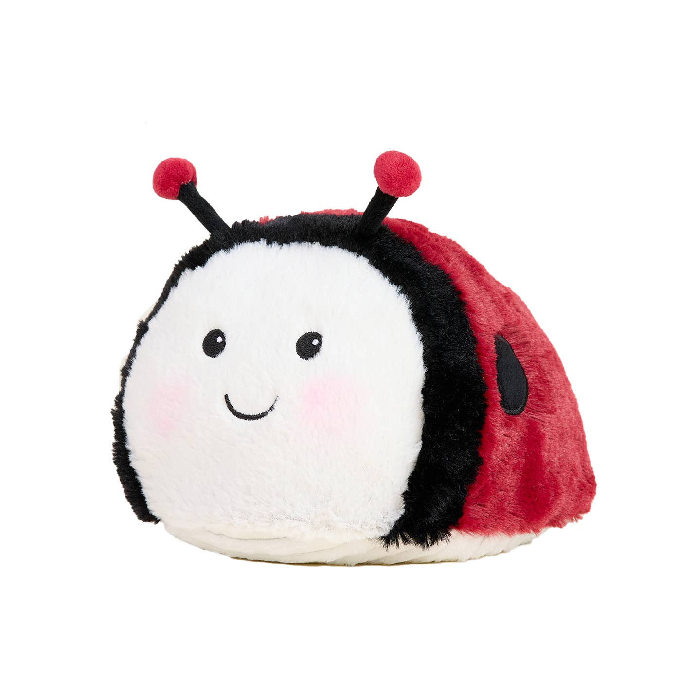 Plush red and black ladybug with smiling face and antennae; soft and rounded with blush cheeks.