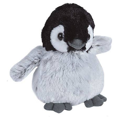Soft gray and black plush penguin stuffed animal with beady eyes