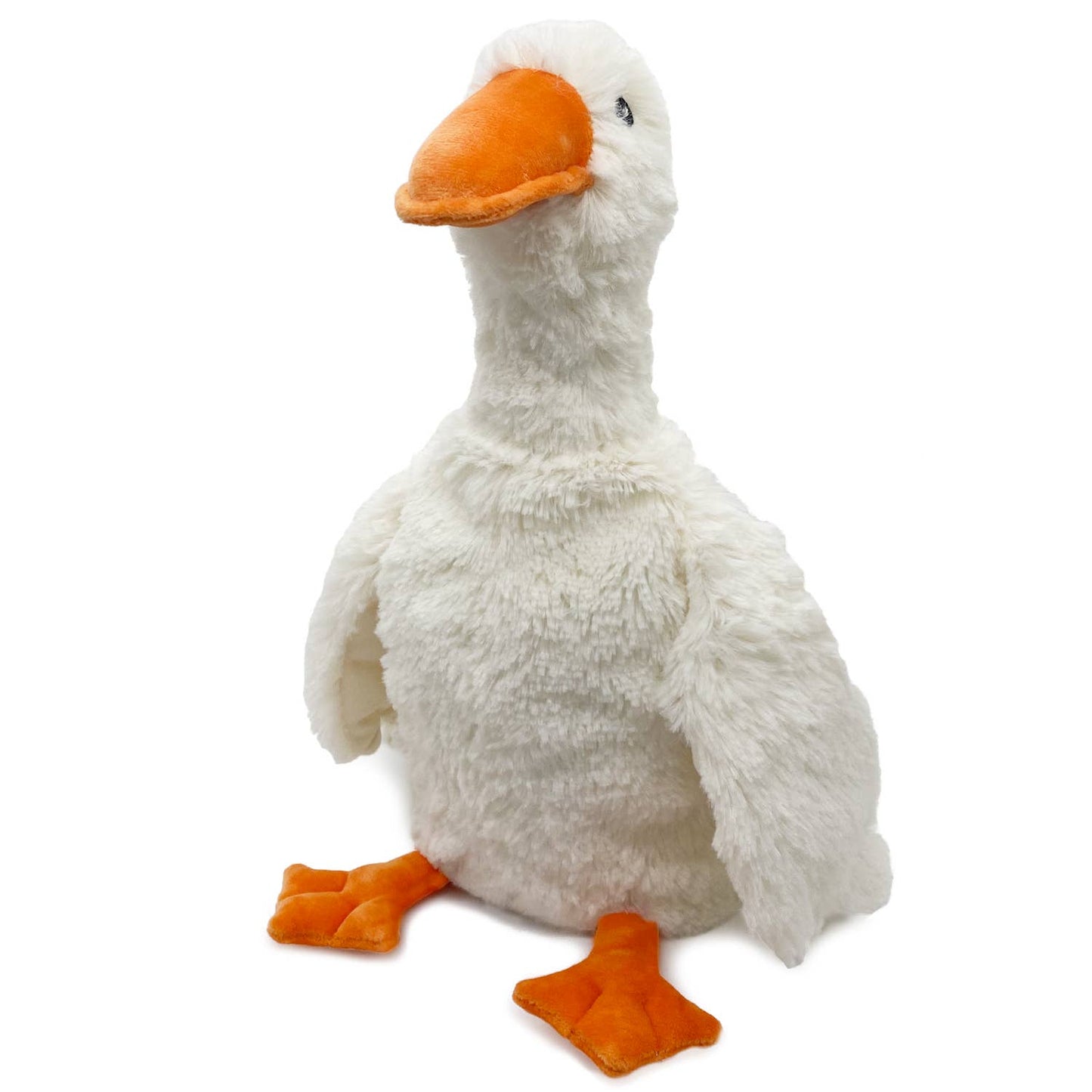 Plush white goose with orange beak and feet, standing upright