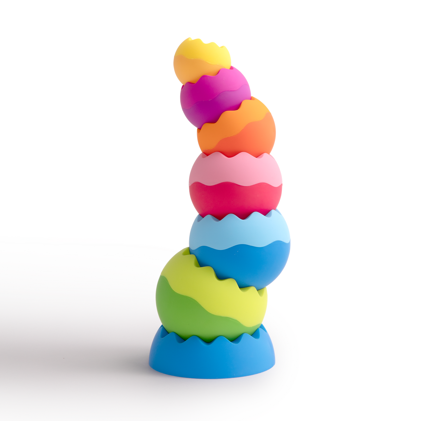 Colorful stacking toy with tactile texture, featuring six interlocking discs in vibrant hues.