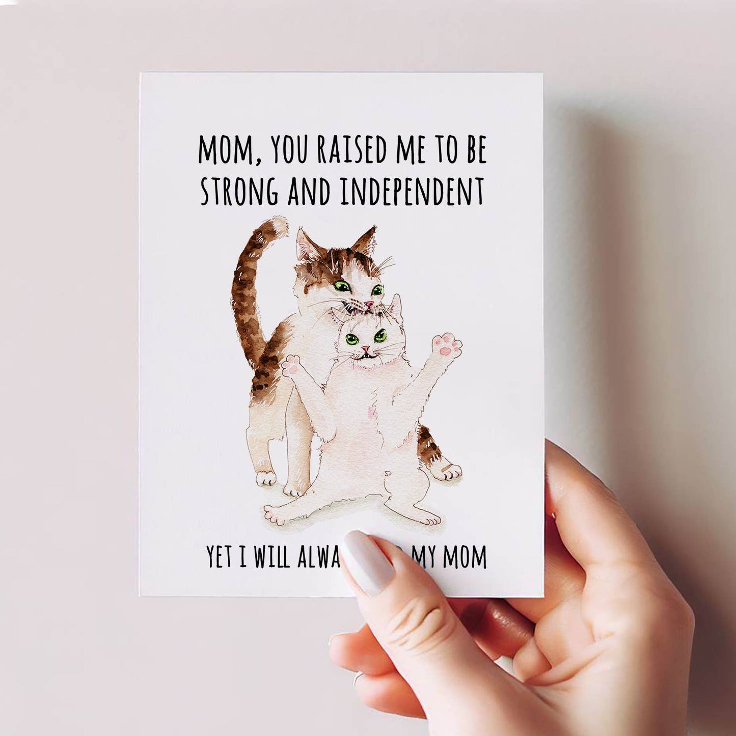 Funny Mother's Day card featuring a cat mom and daughter theme with playful text and charming cat illustrations.