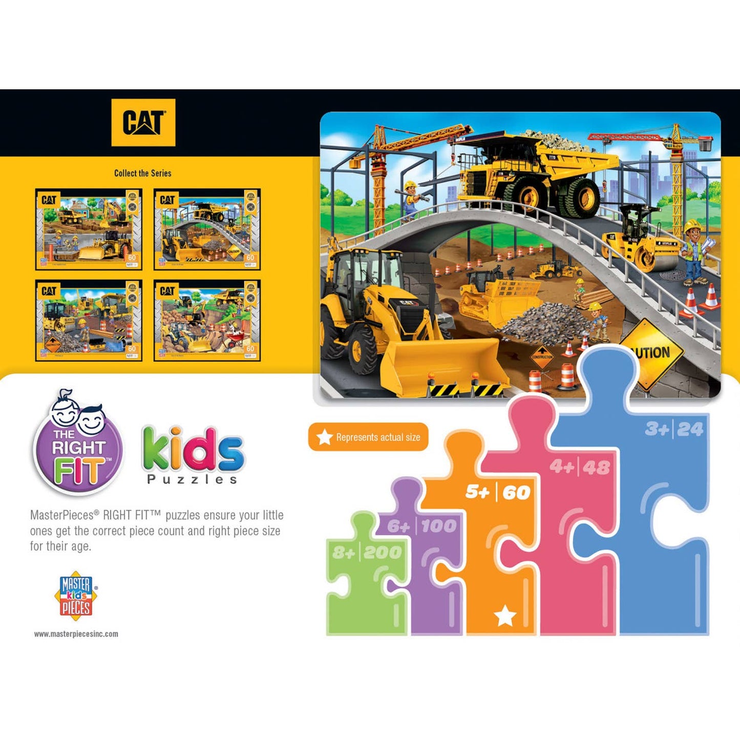 A colorful 60-piece kids puzzle featuring CAT construction vehicles and a busy bridge-building scene.