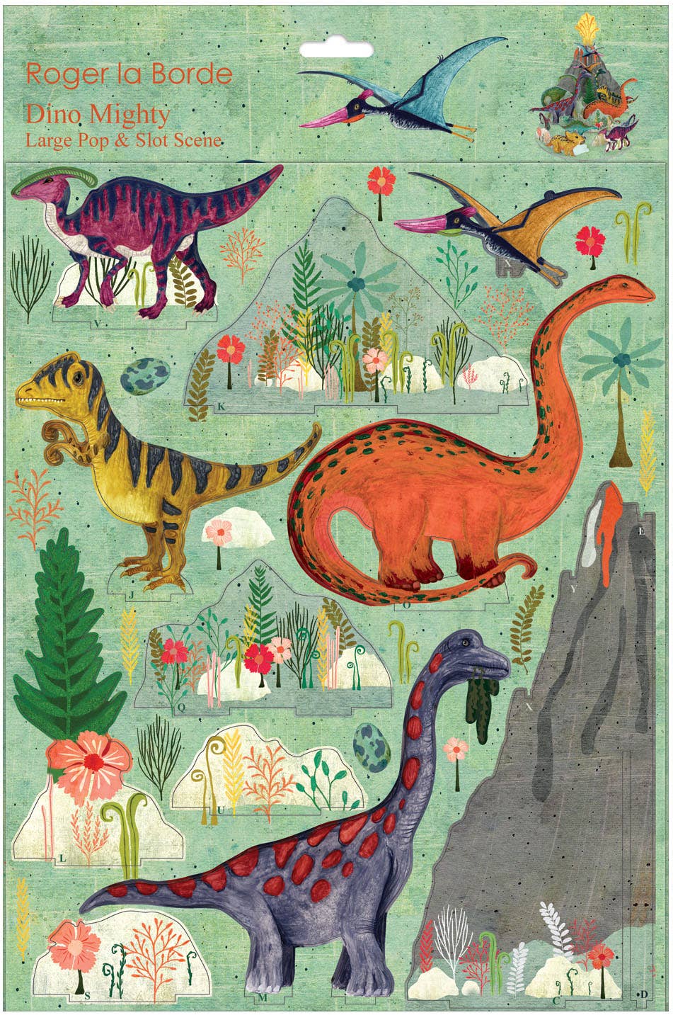 A colorful pop & slot dinosaur scene featuring vibrant prehistoric creatures and plants on a green background.