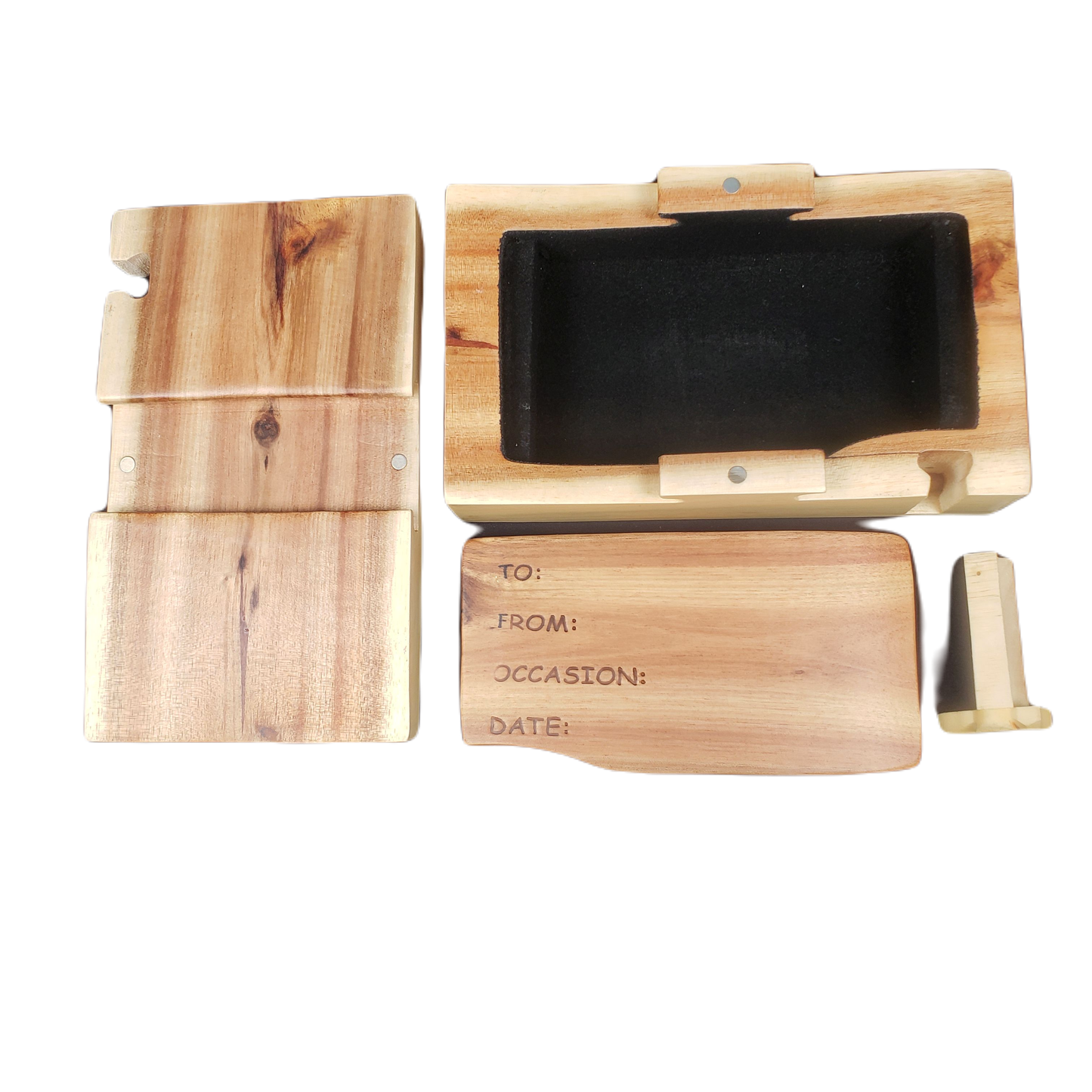 Hand-carved wooden keepsake box with a black velvet interior and engraved gift tag panel.