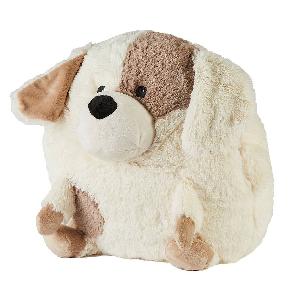 Large plush puppy hand warmer with soft cream and brown fur