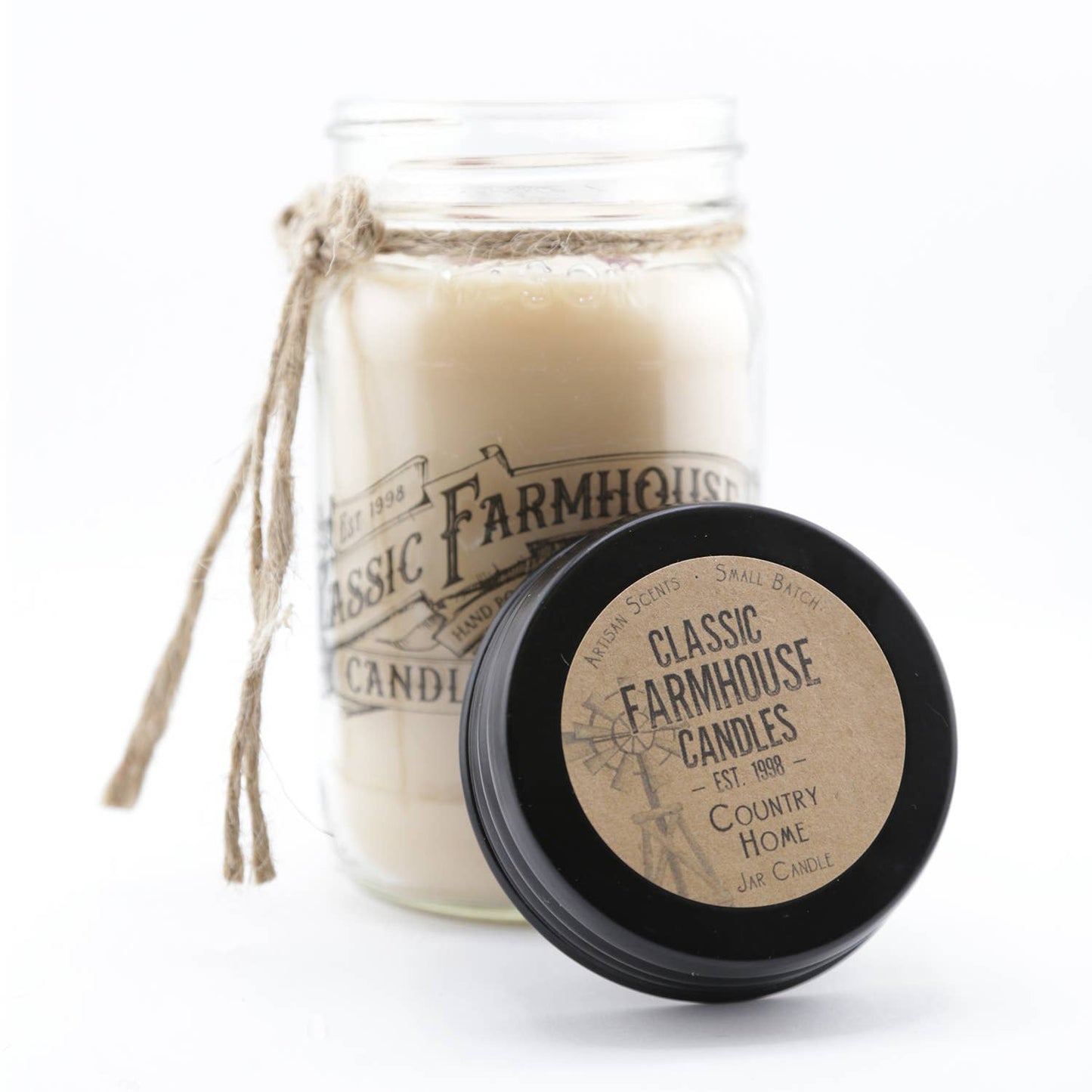 Farmhouse style 14 oz mason jar candle with rustic lid and label