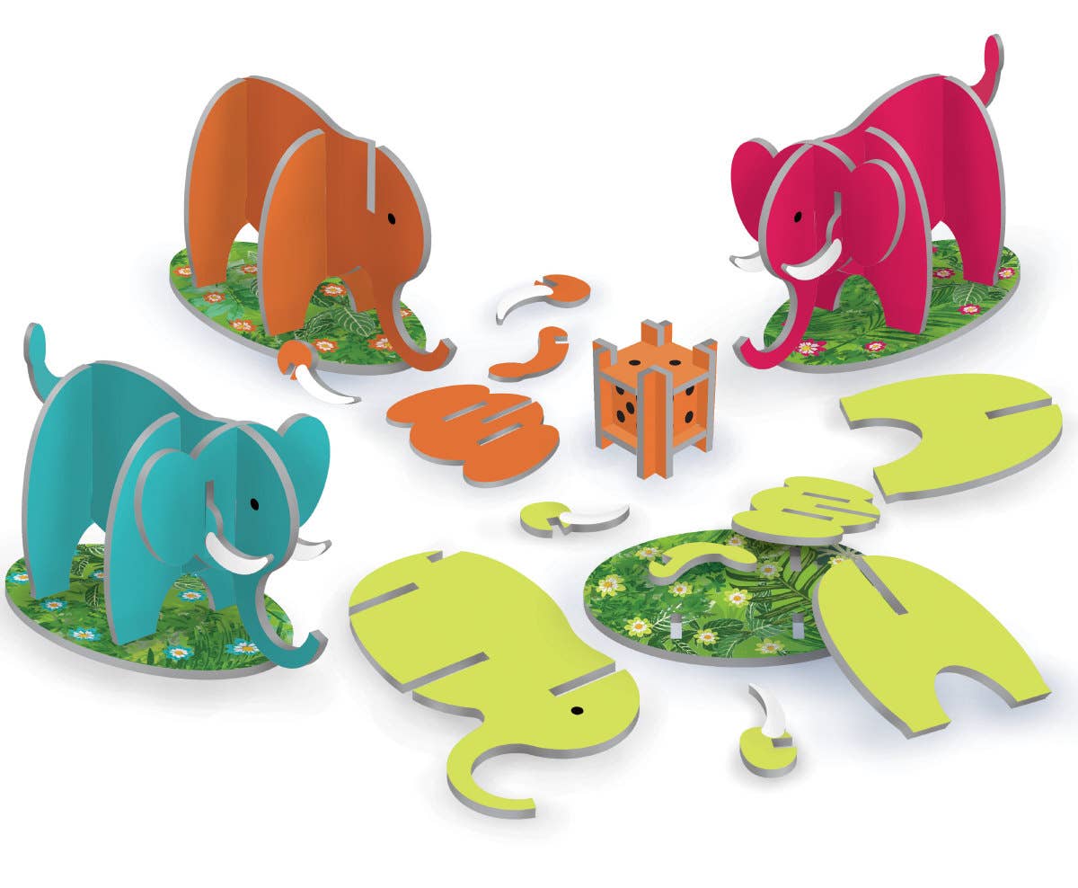 Colorful pop-out elephant pieces for a wild animal-themed dice game