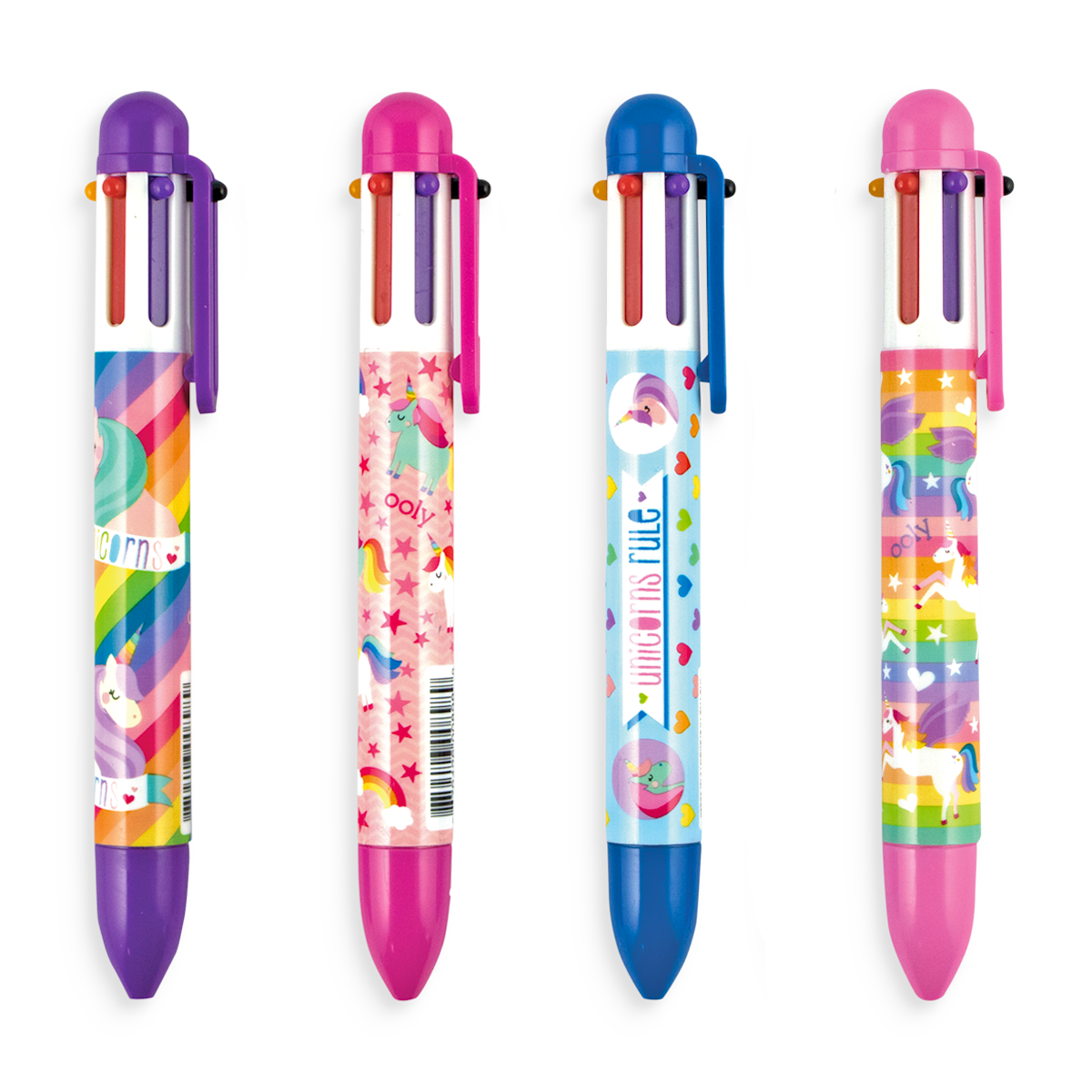 Colorful unicorn-themed click pens with six ink colors, featuring fun designs and vibrant patterns.