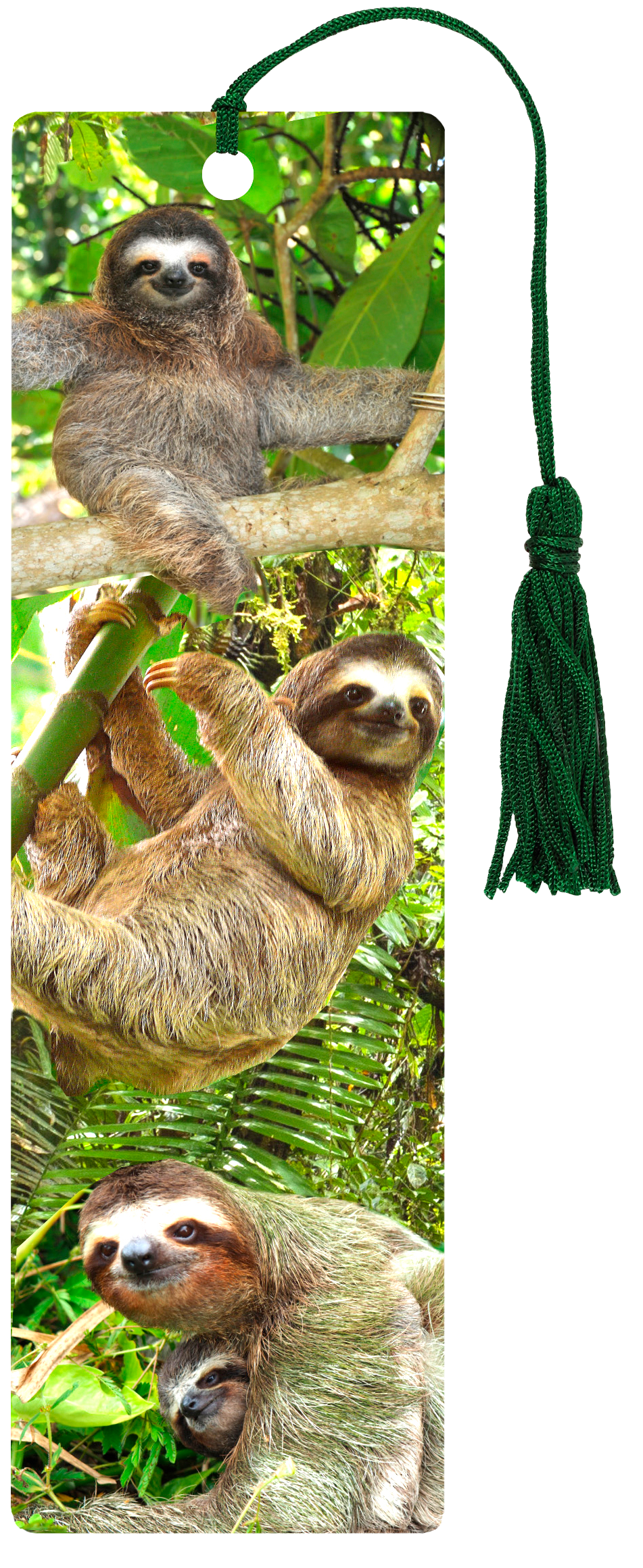 3D bookmark featuring realistic sloths with a green tassel