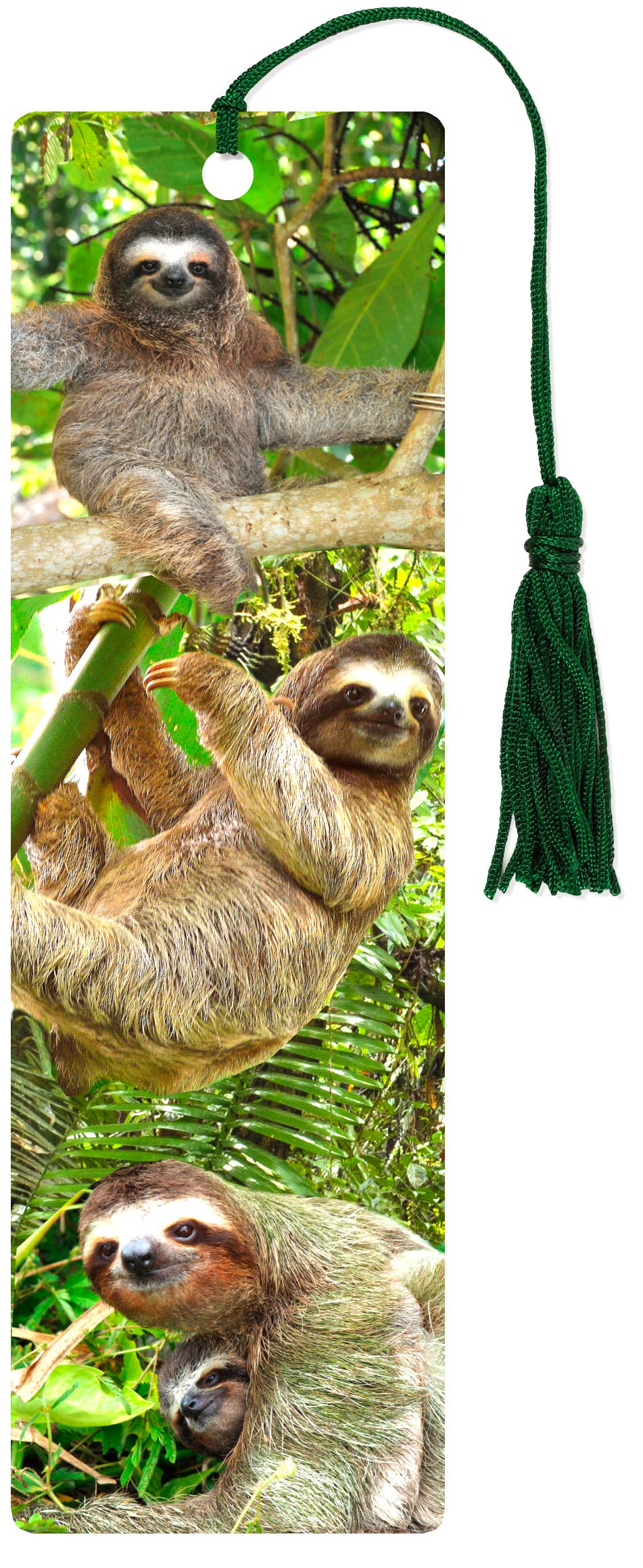 3D sloth bookmark with lenticular visual effect, featuring green tassel and adorable sloth images.