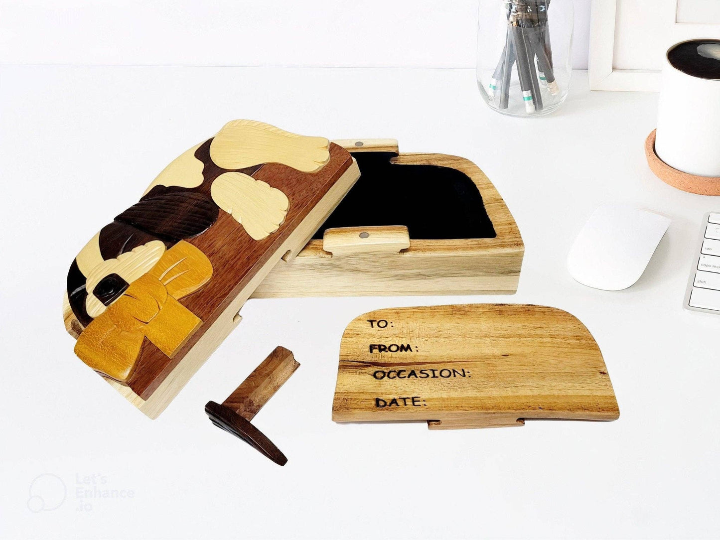 Hand-carved wooden dog keepsake box with yellow bow, personalized message board.