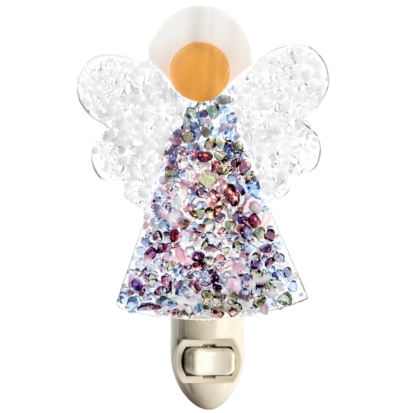 A fused glass angel night light with multicolor wings and a warm glow, perfect for festive decor.