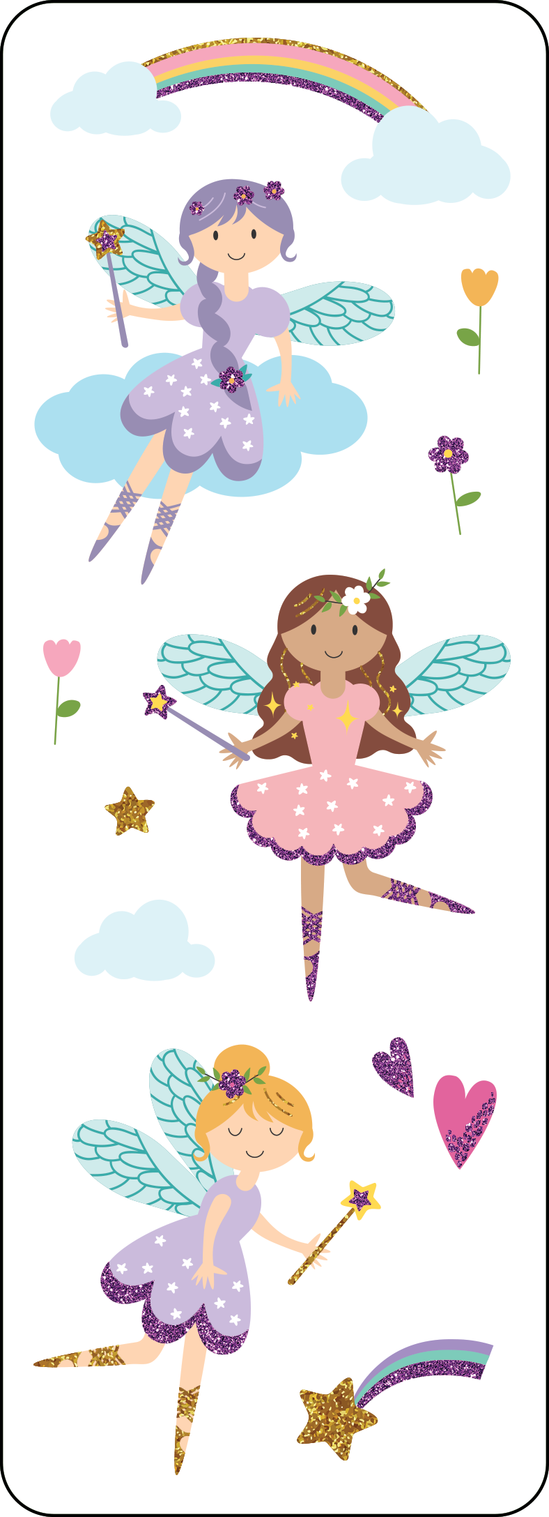 Colorful fairy stickers with holographic accents, featuring magical designs and sparkles.