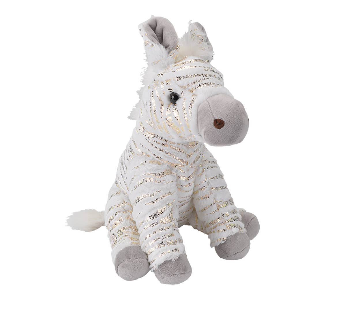 White and silver foil zebra plush toy with soft gray accents, 12 inches tall.