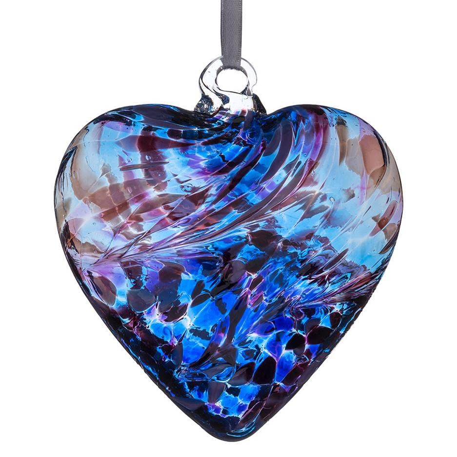 Mouth-blown purple and blue glass friendship heart with hanging ribbon