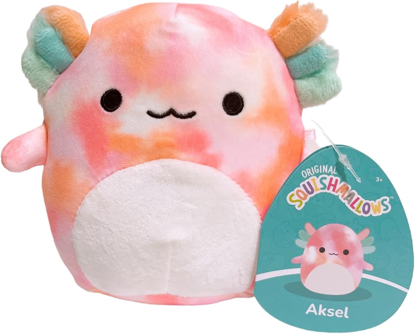 Colorful 5-inch axolotl Squishmallow plush with fuzzy pastel gills