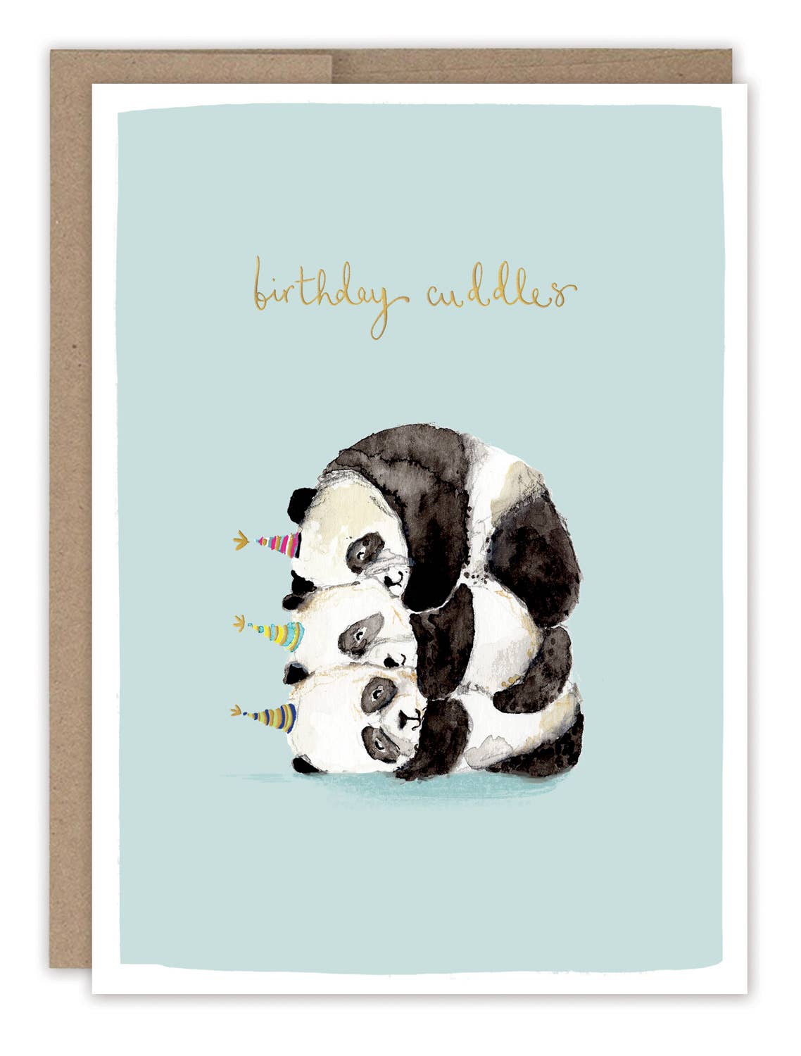 Illustrated birthday card with cuddling pandas wearing party hats and gold foil text