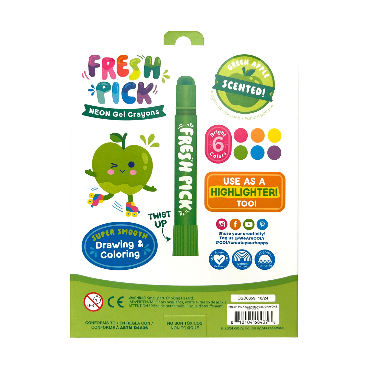 Neon gel crayons in bright colors, green apple scented, perfect for drawing and coloring.