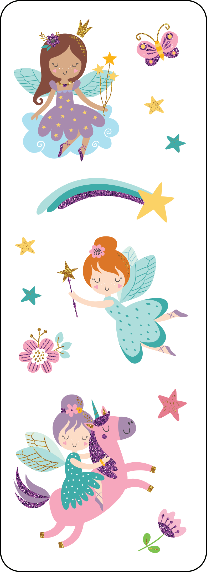 Colorful fairy stickers with holographic accents, featuring magical designs like unicorns, butterflies, and stars.