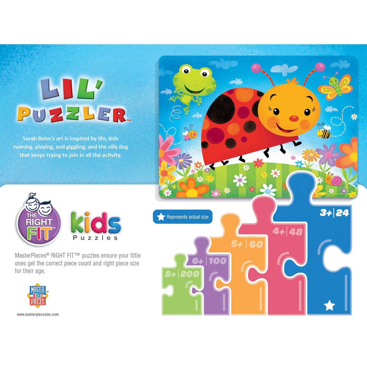 A colorful 24-piece kids puzzle featuring a cute bug theme with a ladybug, frog, and butterflies.