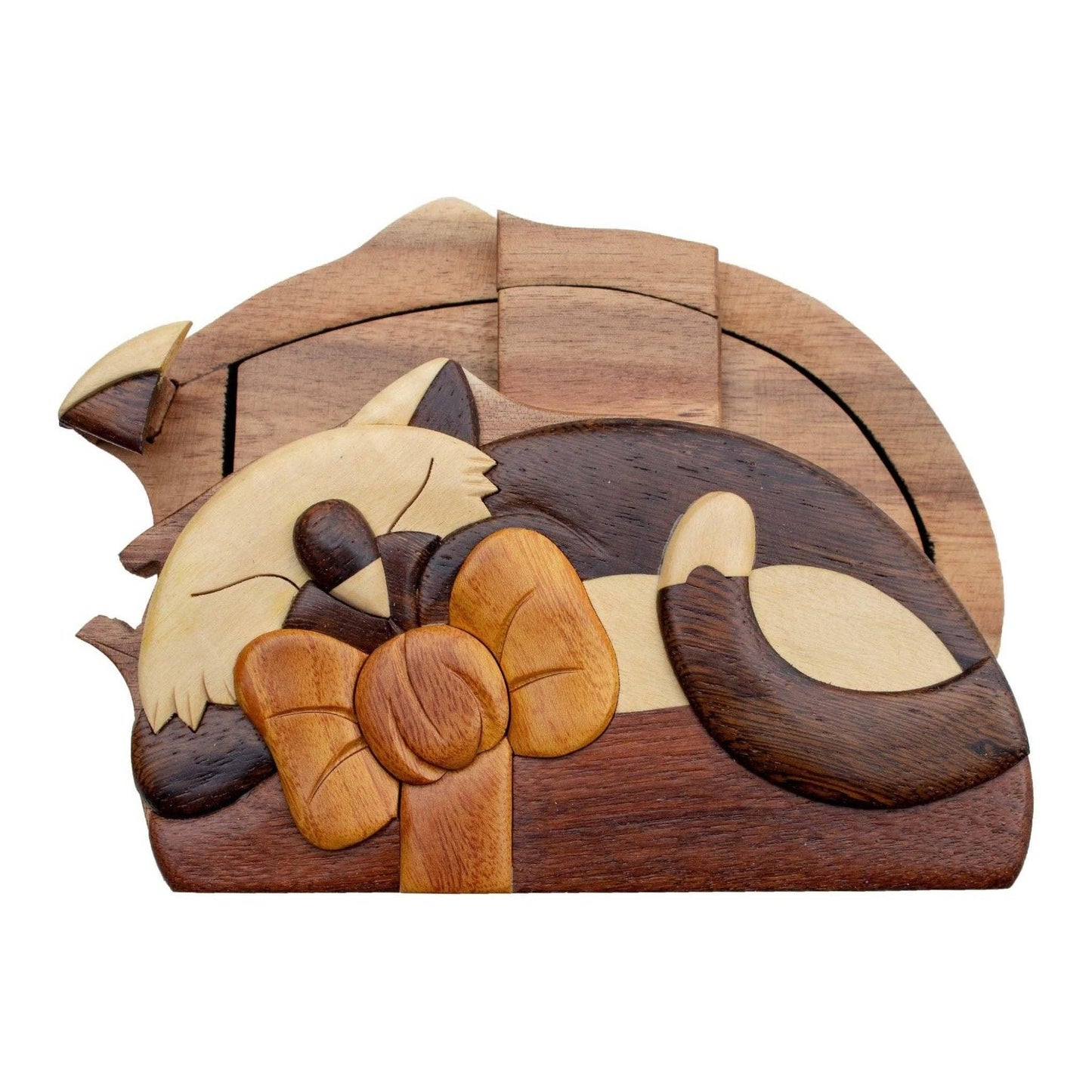Hand-carved wooden keepsake box shaped like a cat with a bow, featuring a red interior.